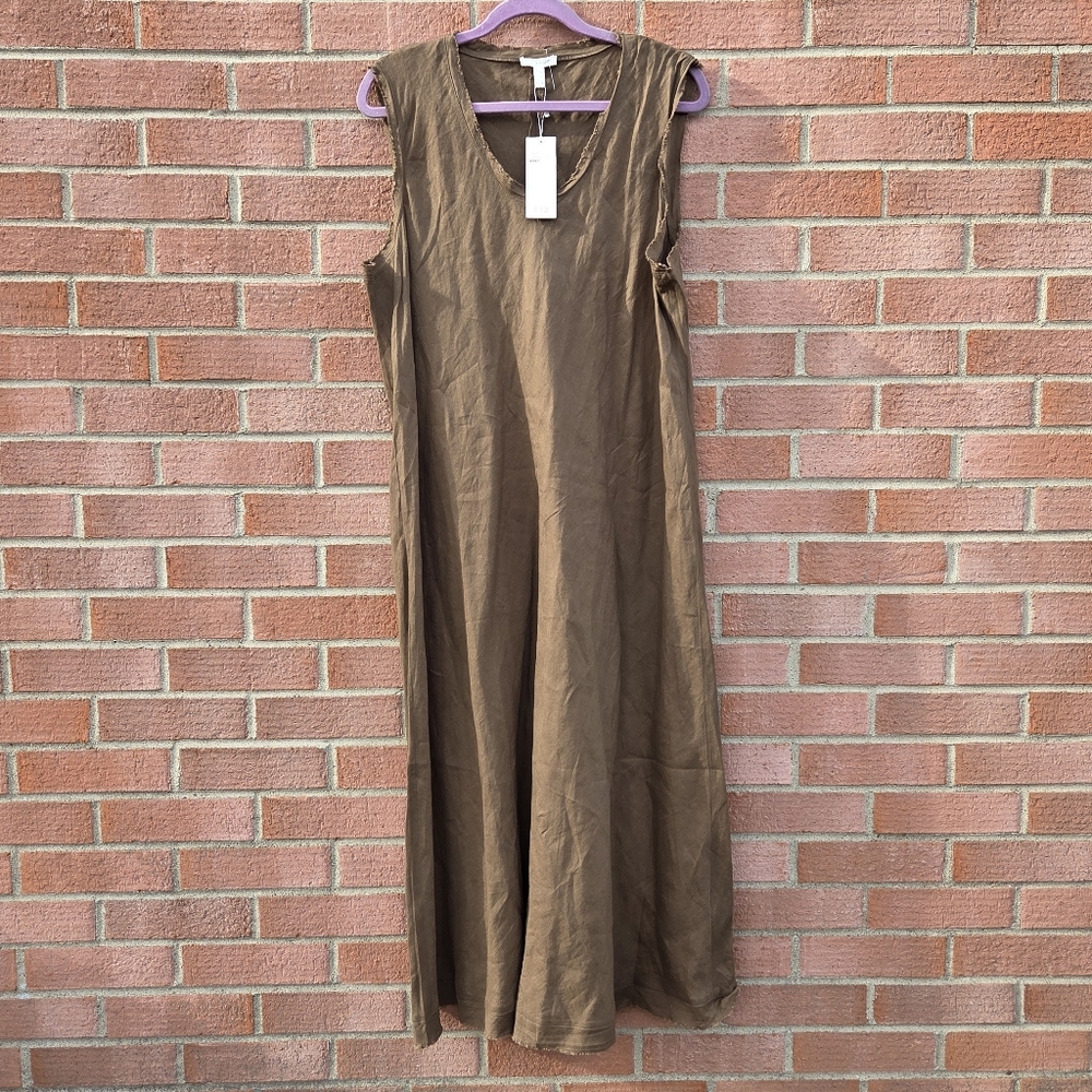 Eileen Fisher Frayed Organic Linen Shaped Tank Dress Pine Needle Brown XL - Picture 2 of 7